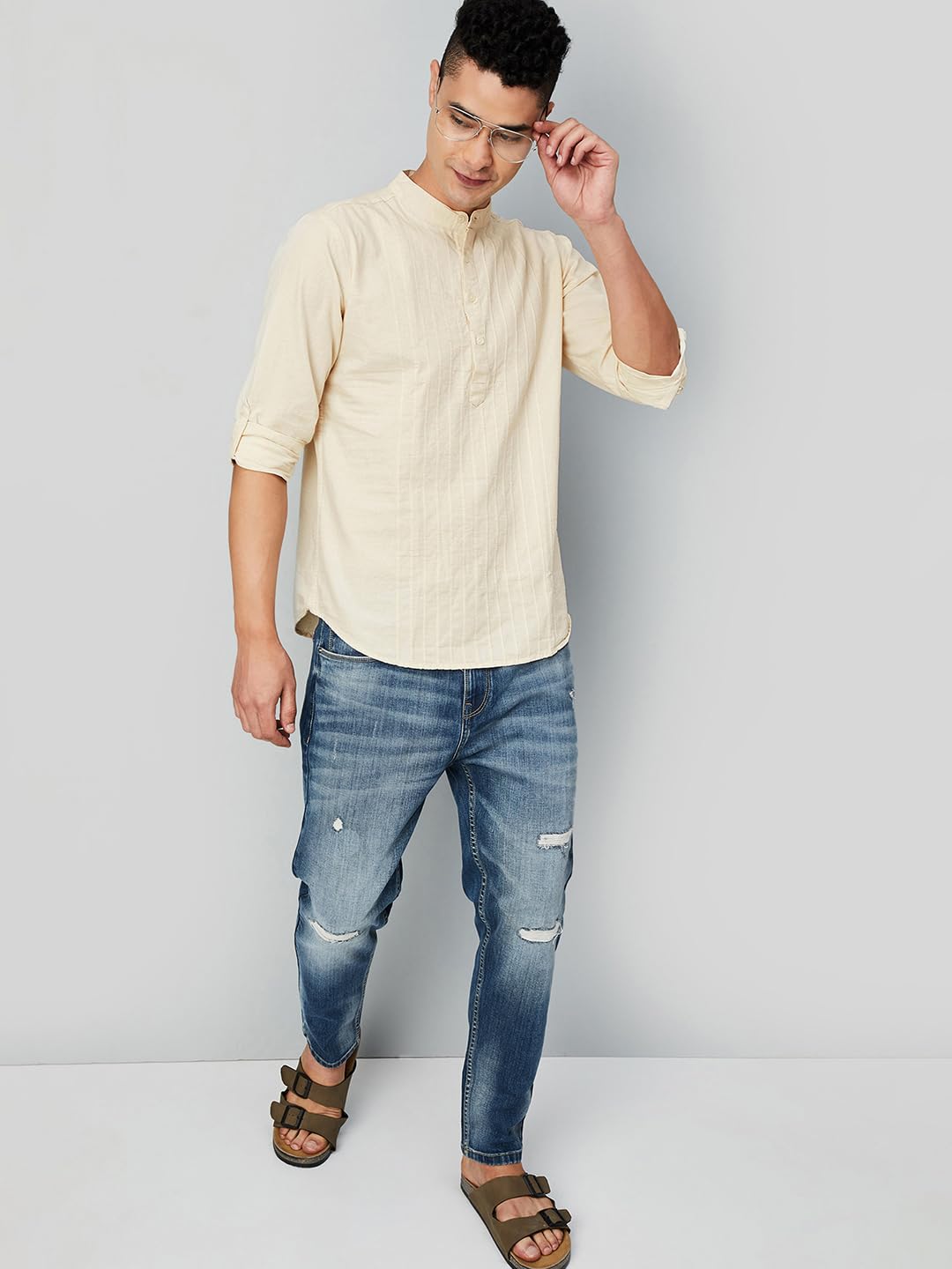 Max Men's Full Sleeves Mandarin Collar Solid Slim Fit Cotton Kurta Beige