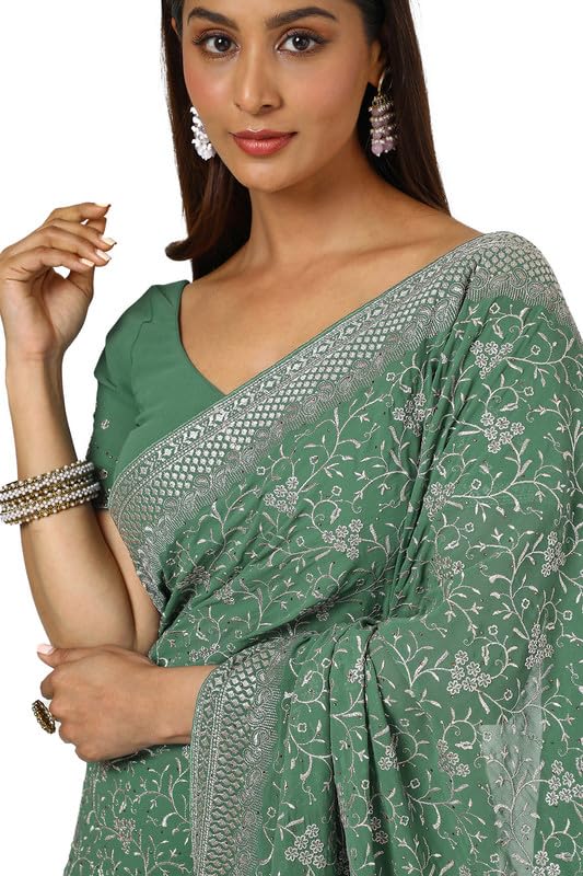 Soch Womens Light Green Georgette Embroidered Saree With Stone Work