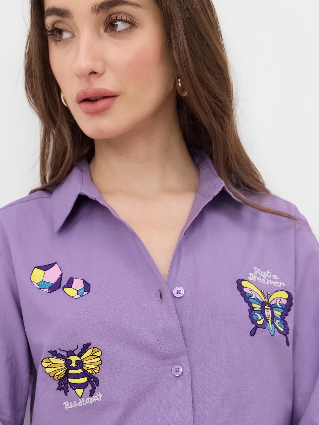 The Souled Store Butterfly Women & Girls Long Sleeve Collared Neck Button Down Relaxed Fit Cotton Shirts Purple