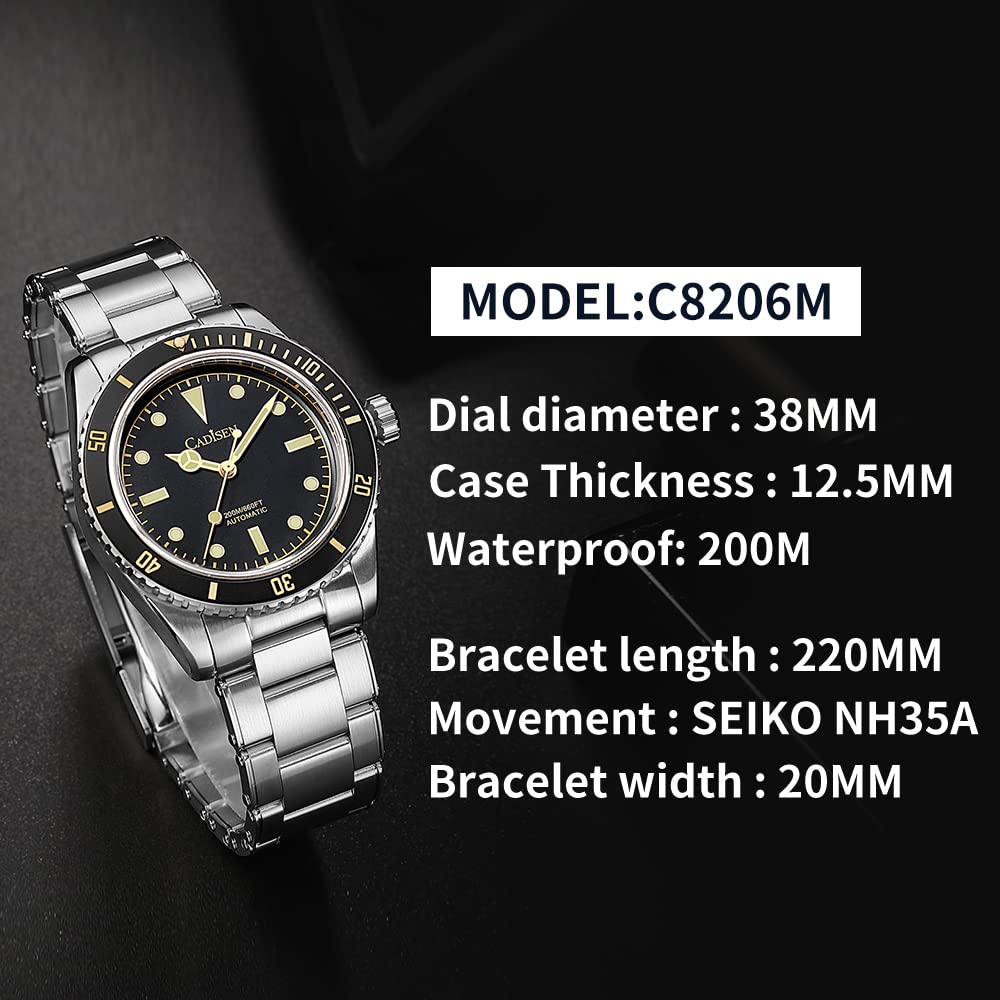 CADISEN Men's Watch, Japan NH35A Automatic Movement, 200M Diver Water Resistance, Ceramic Bezel, 38mm Sapphire Glass, Stainless Steel Mechanical Watch, steel black, Diver,Mechanical