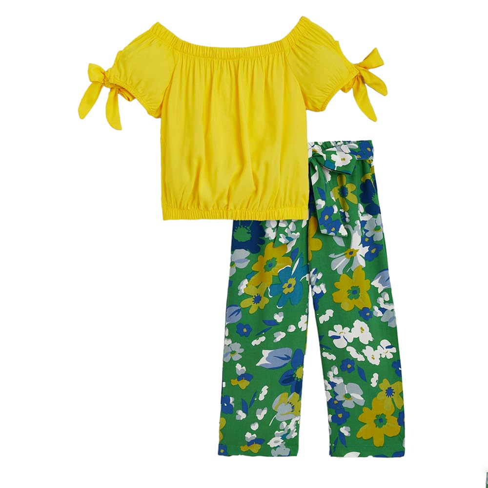 Hopscotch Girls Cotton Floral Print Top And Pant Set In Yellow Color For Ages 9-10 Years (HSP-3681744)