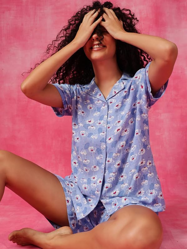Clovia Women's Rayon Printed Button-Down Shirt & Shorts Set in Blue
