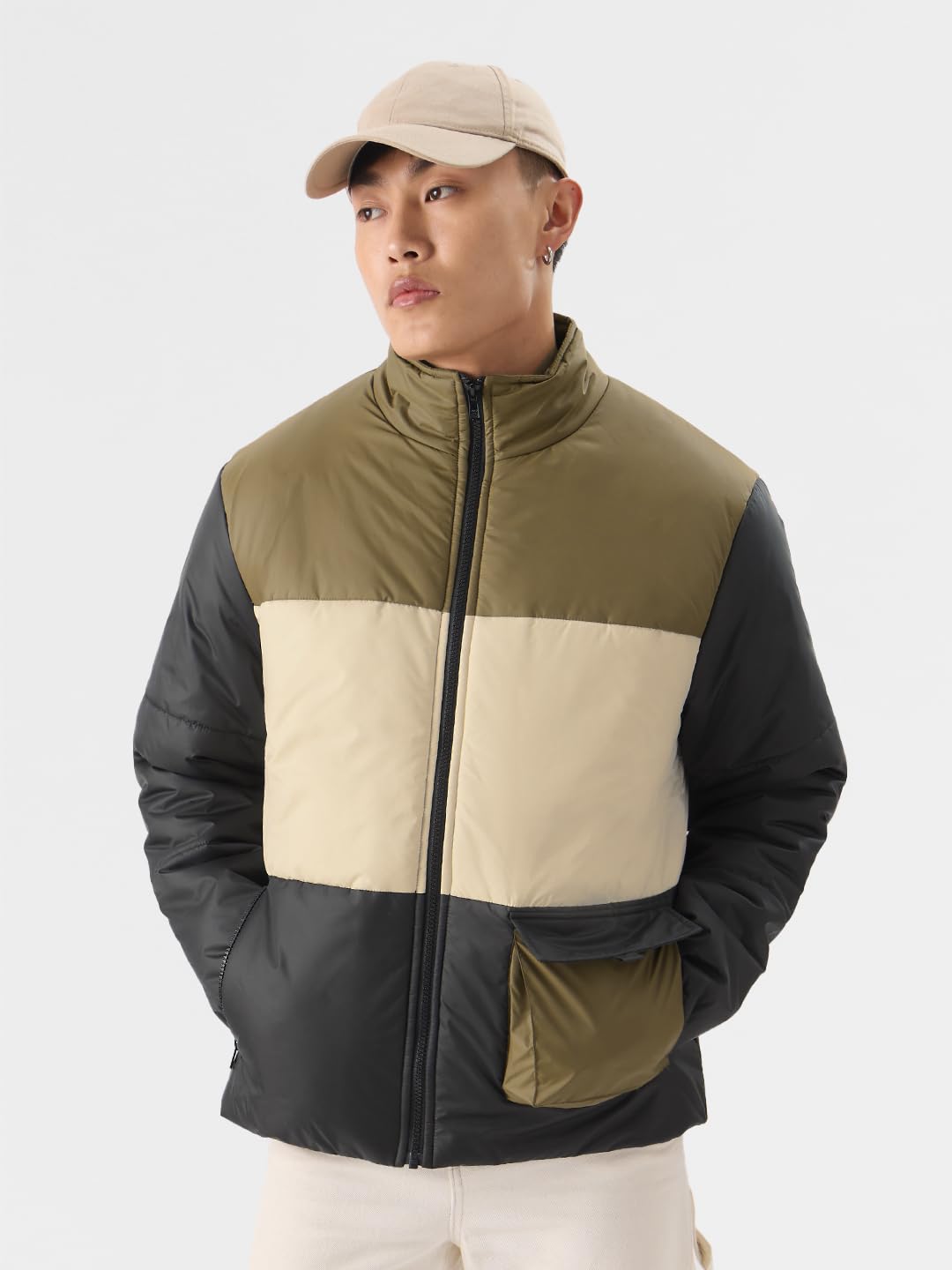 The Souled Store Solids: Black, Cream, Khaki (Colourblock) Men Puffer Jackets