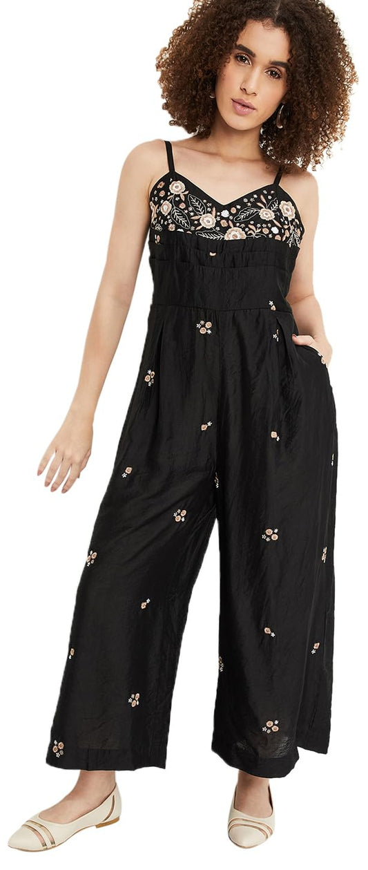 Max Women Embroidered Jumpsuit, Black, XL