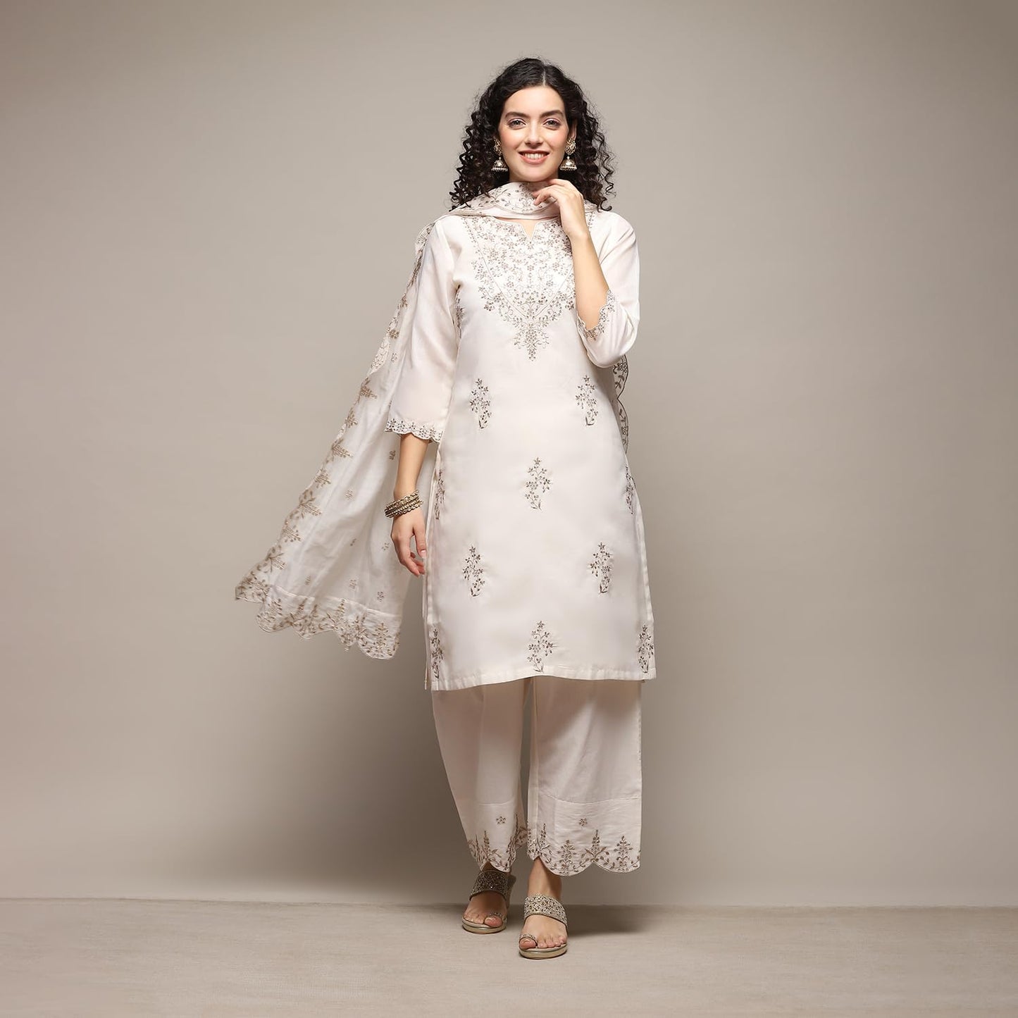 BIBA Cotton Blend Women Embroidery Straight Salwar Kurta Dupatta(Skdassorted8609_Off White_38)