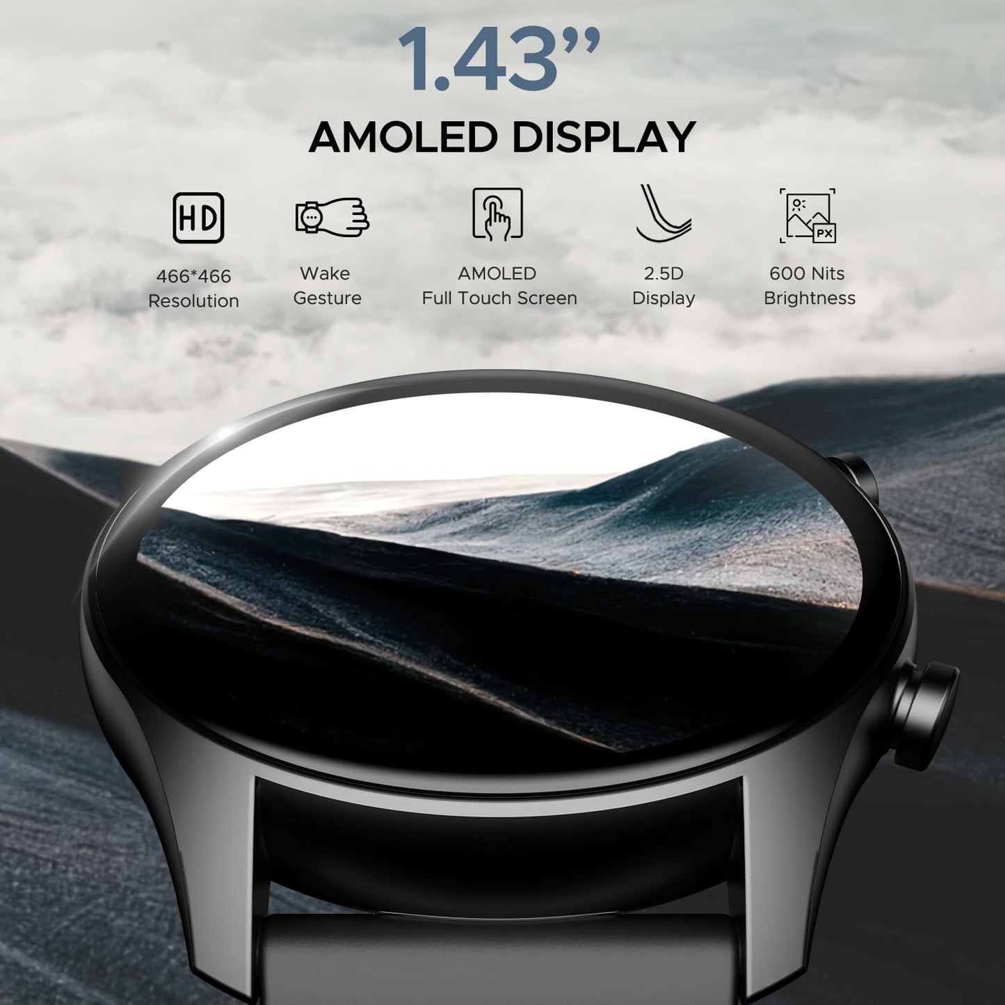 boAt Lunar Connect Plus Smart Watch with 1.43" AMOLED Display, 2.5D Display, Advanced Bluetooth Calling 100+, Always on Display, 100+ Watch Faces,Voice Assistant,IP68, HR & SpO2(Active Black)