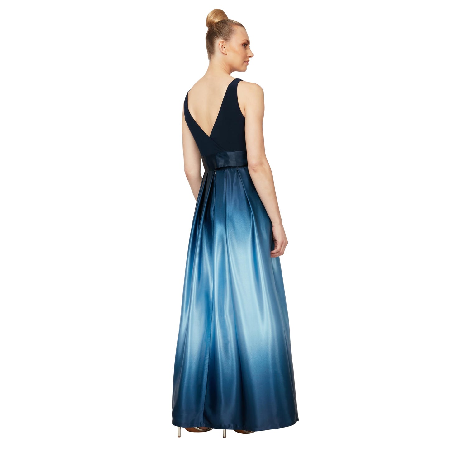 S.L. Fashions Women's Long Satin Mother of The Bride Dress with Pockets, Formal Party Gown (Petite and Regular Sizes), Navy/Wedgewood, 12