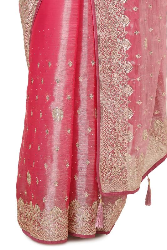 Soch Womens Onion Pink Organza Embroidered Saree With Stone Work