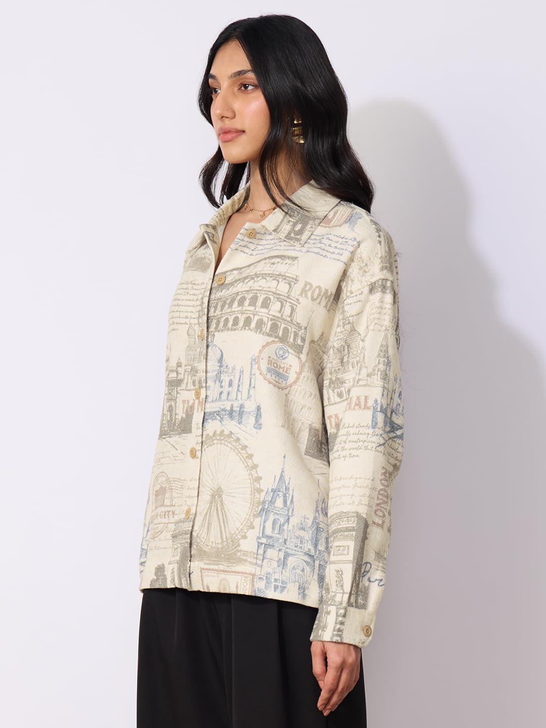 The Souled Store Monuments Women and Girls Long Sleeves Collared Neck Button Front Biege All Over Printed Cotton Boyfriend Shirts