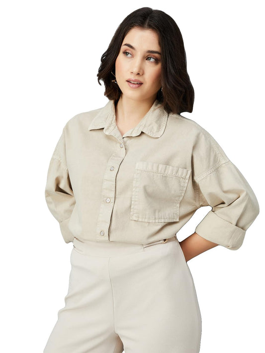 Max Women Solid Oversized Shirt(Beige_L)