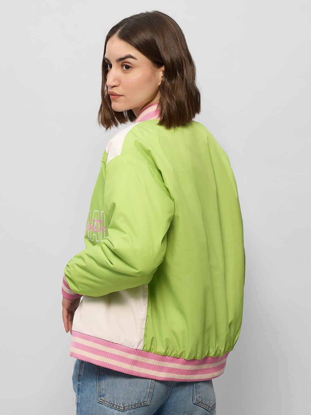 The Souled Store Official Varsity Jacket : Celery Lime Women and Girls Long Sleeve Button Front Multicolor Graphic Printed Oversized Fit Varsity Jackets