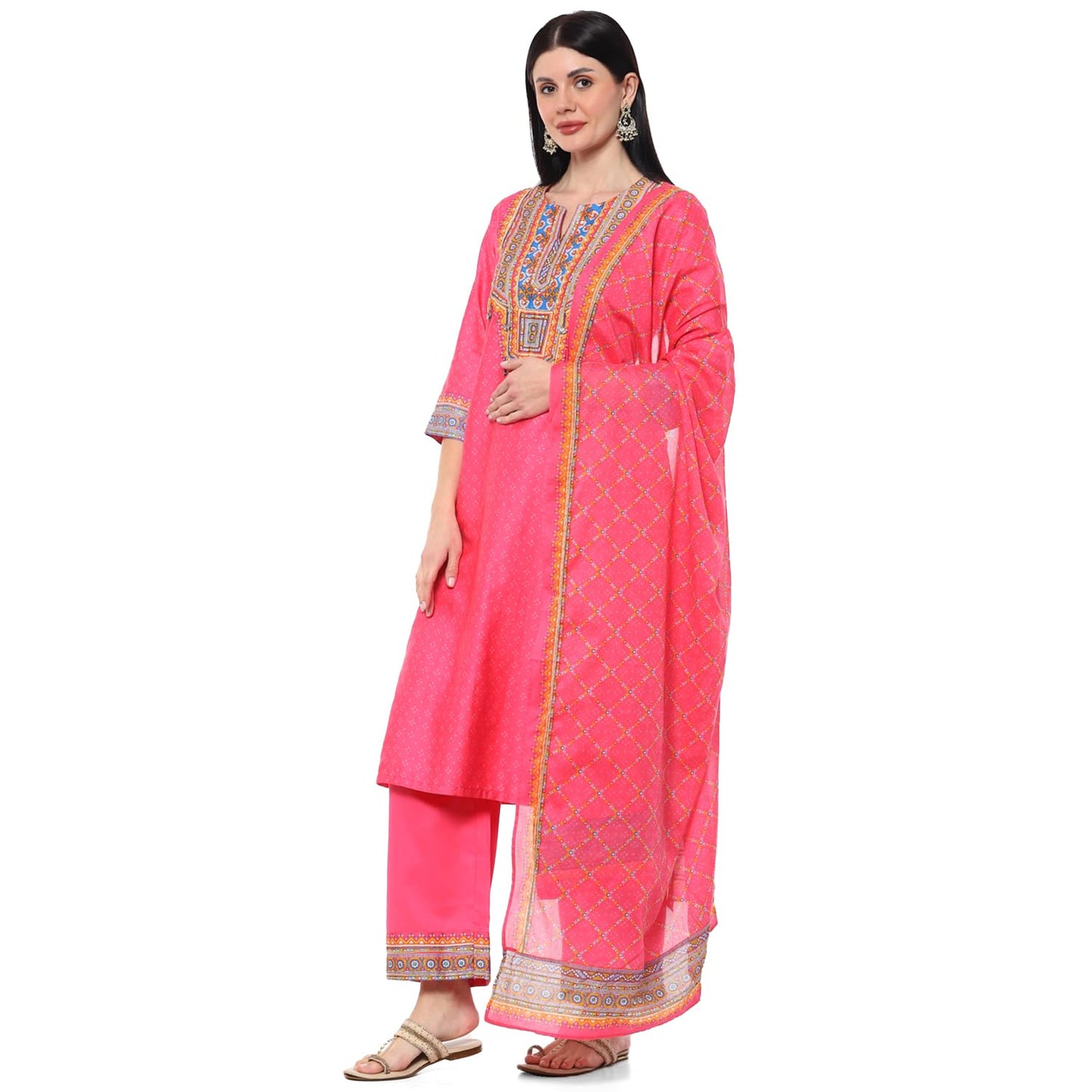 BIBA Women PRINTED STRAIGHT KURTA SALWAR KURTA DUPATTA(SKDINDIE BOHO9454_FUCHSIA_38)