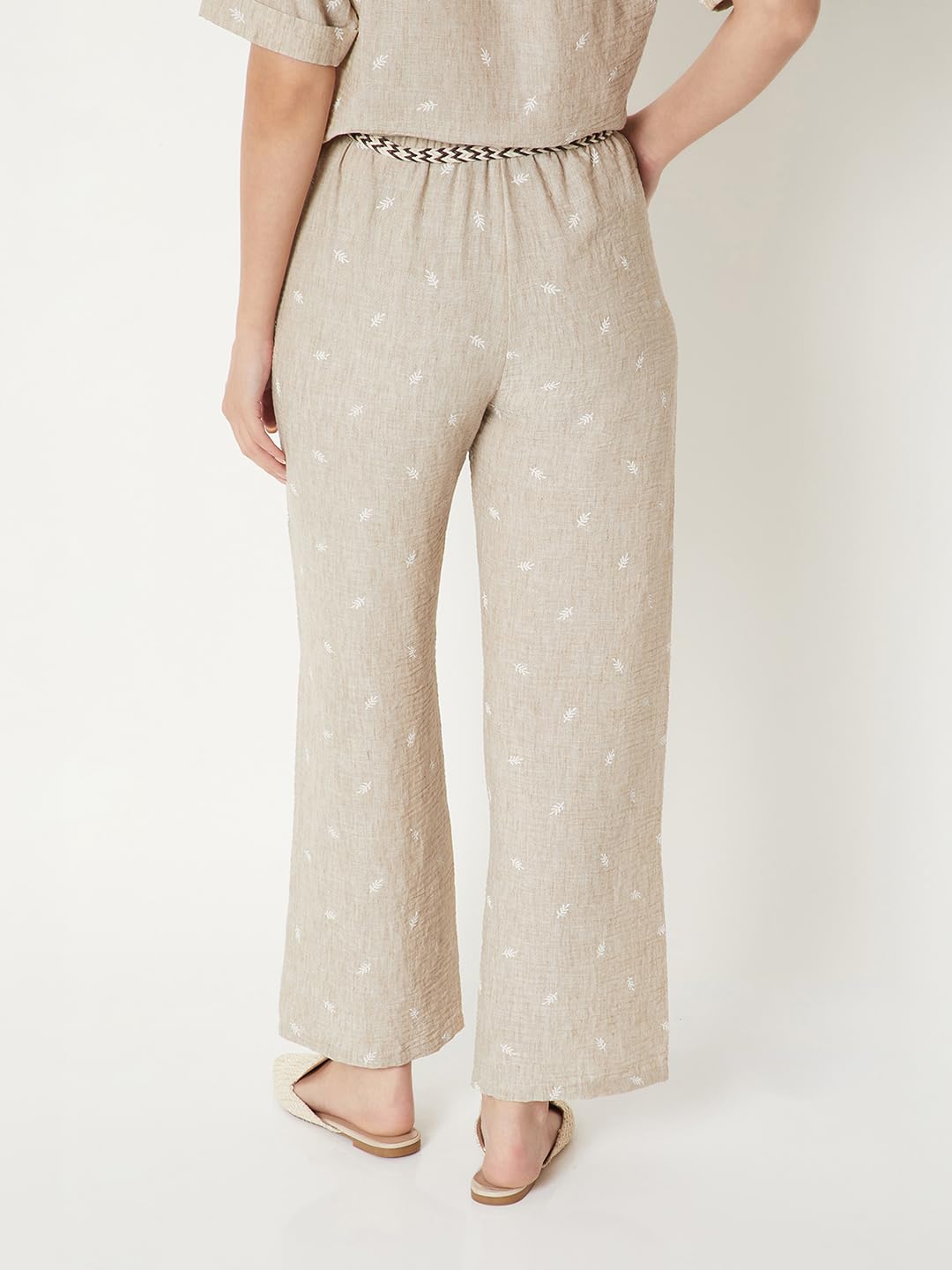 Max Women Embroidered Wide-Leg Pants with Belt (Beige_XL-XXL)