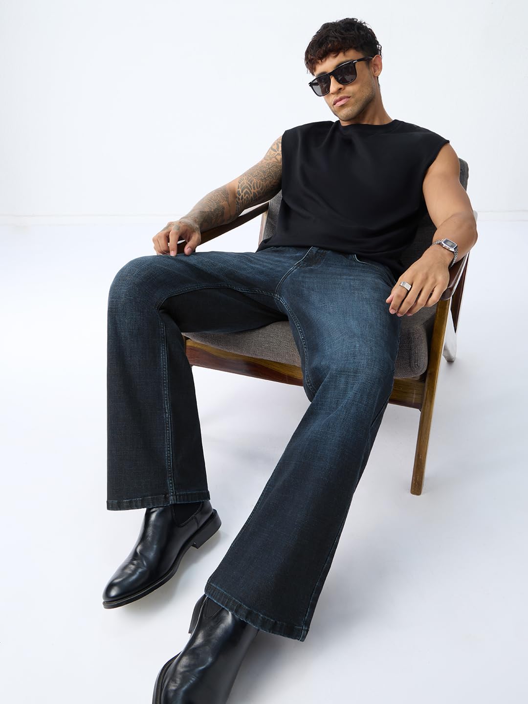 The Souled Store Bootcut Denim: Indigo Blue Men and Boys Zip Fly Indigo Blue Vintage Fade Washed Cotton Blend Bootcut Fit Lightweight Everyday All-Season Comfort Stretch Denim Jeans