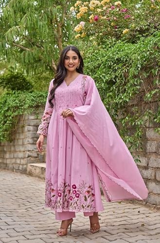 AVYUKTHA | Women Floral Embroidered Tiered Kurta with Palazzos & Dupatta | Thread Work Ethnic Set for Festive, Casual & Party Pink, Size- M