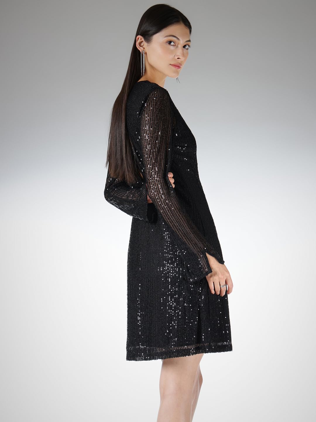 FableStreet Women Party Dress | Slim Fit A-Line Above Knee Length | Sequined Fabric, Round Neck, Full Sleeves with Slits | Perfect for Evening & Cocktail Occasions | Black