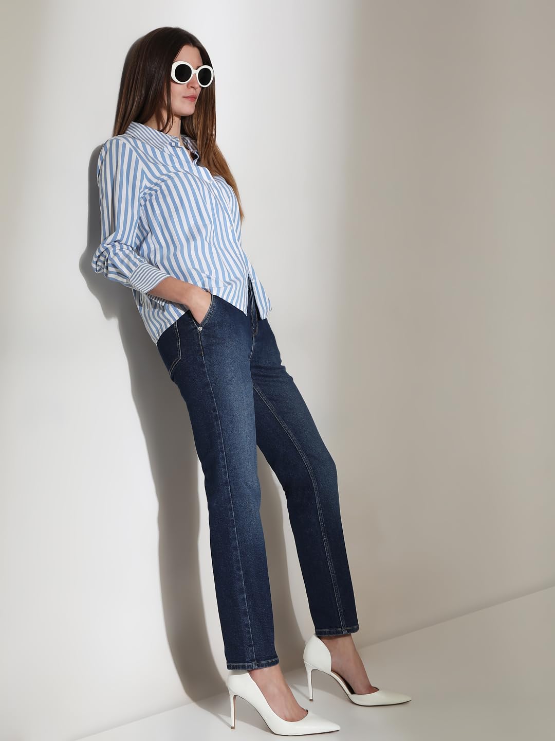 VERO MODA Women's Slim Fit High-Rise Dark Blue Jeans