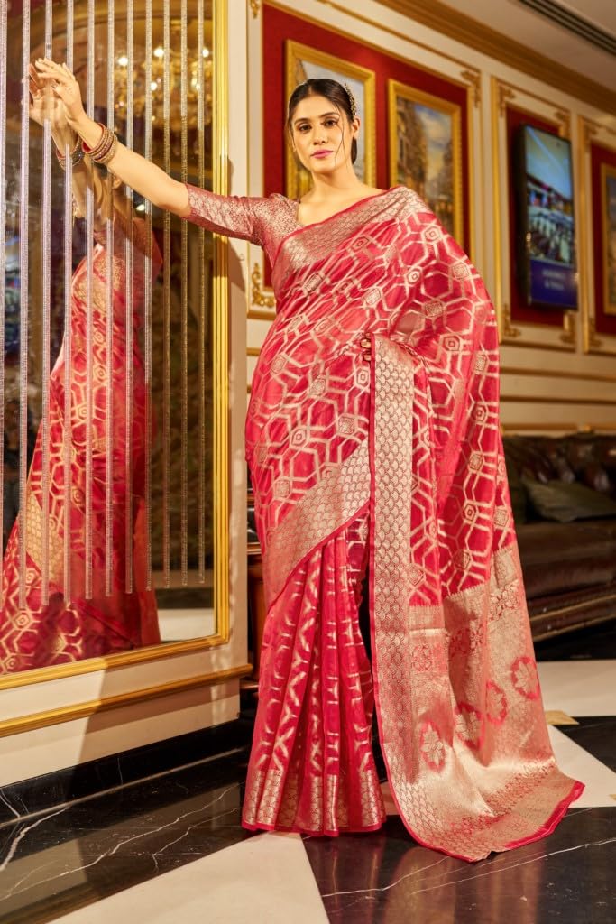 MADHUHANSH Womens Organza Plain Saree with Patola Printed Solid Pattern 6 Yard Length and Unstitched Blouse Piece