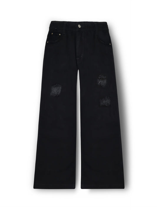 Cherry Crumble Black Solid & Ribbed Cotton Blend Casual Wear Easy Fit Summer Trouser for Girls