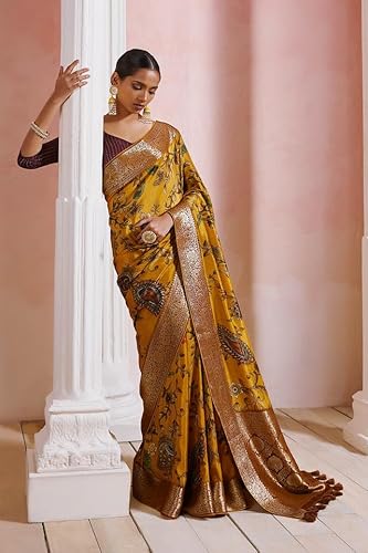 Soch Womens Mustard Crepe Saree With Floral Kalamkari Print And Zari Borders