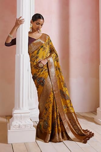 Soch Womens Mustard Crepe Saree With Floral Kalamkari Print And Zari Borders