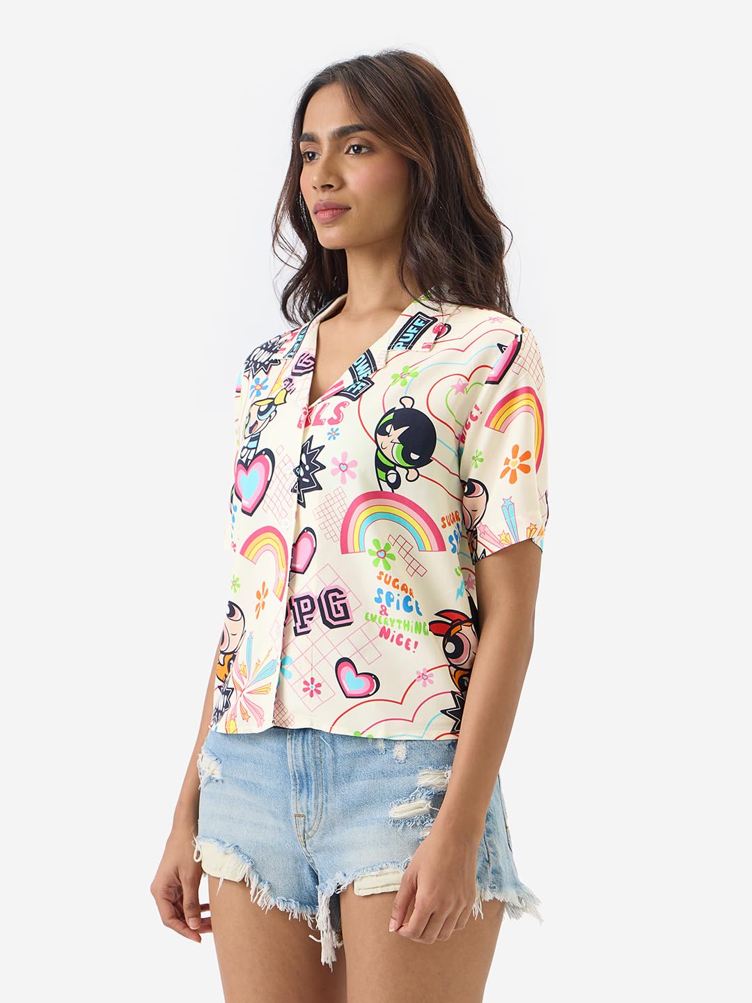 The Souled Store Official Powerpuff Girls: Sugar & Spice Women and Girls Short Sleeve Collared Neck Button Front Multicolor All Over Print Regular Fit Rayon Summer Shirts