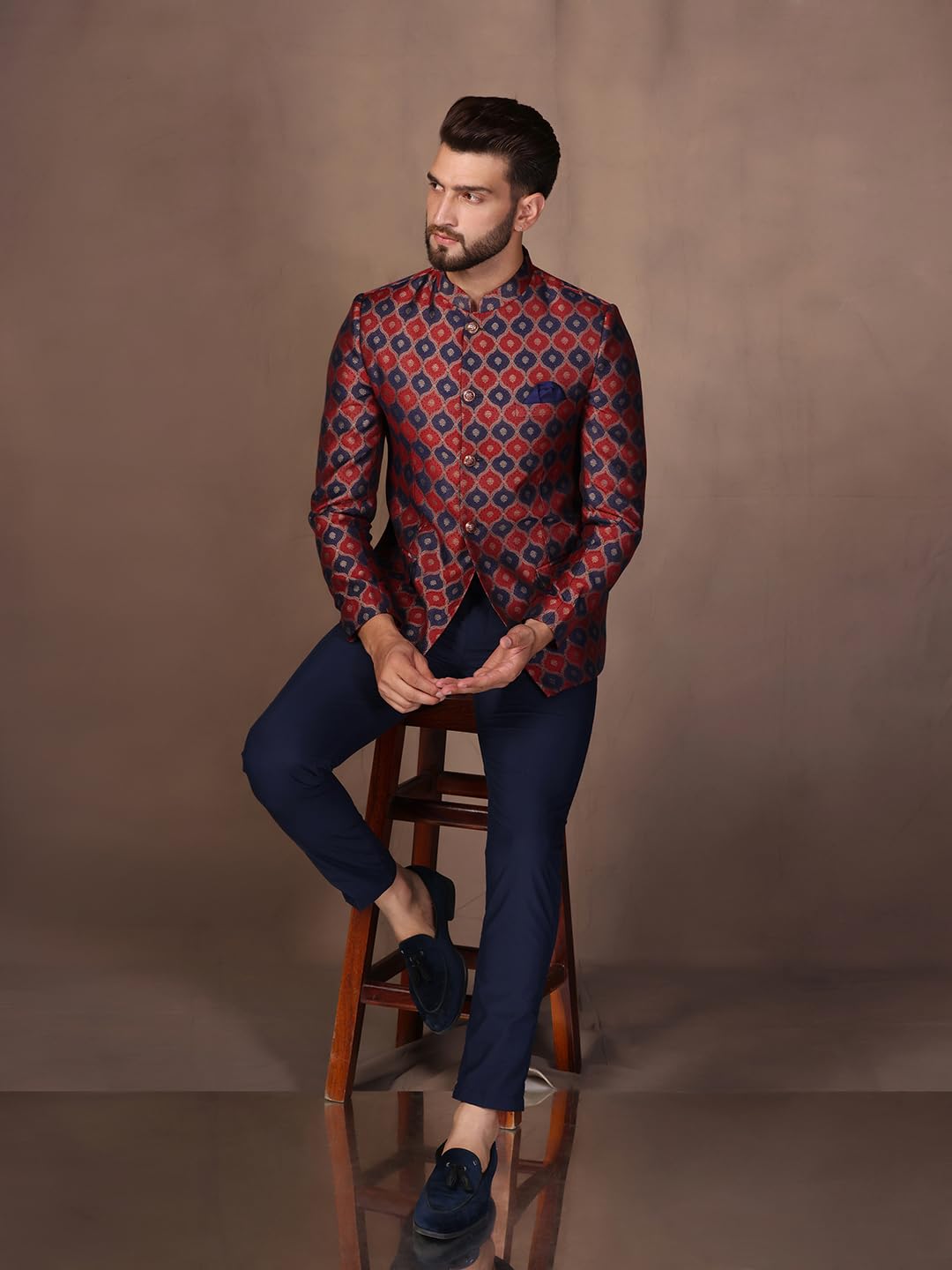 KISAH Mens Jodhpuri Bandhgala Trouser Set Silk Blend Jacquard, Ethnic Wear for Men, Maroon, 40