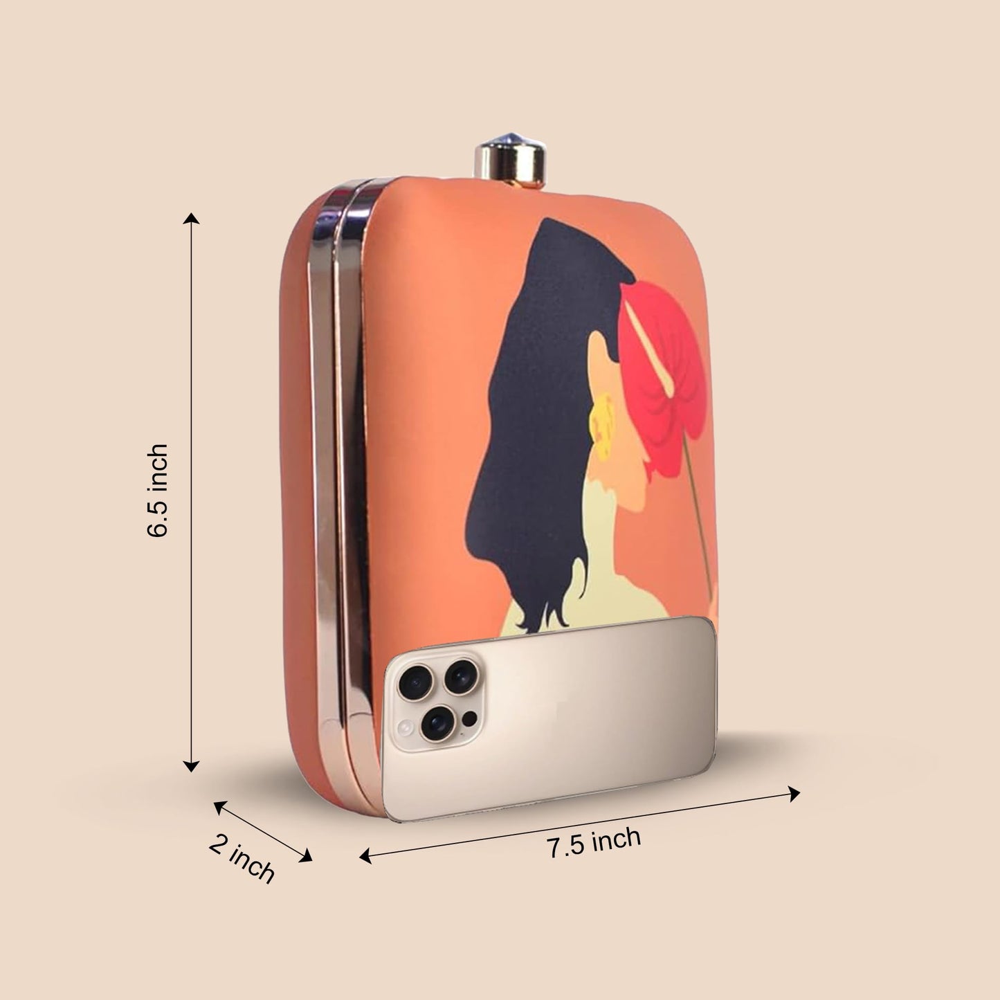 Artklim Vibrant Orange Colour Shy Woman Portrait Clutch Bag For Women With Detachable Starp