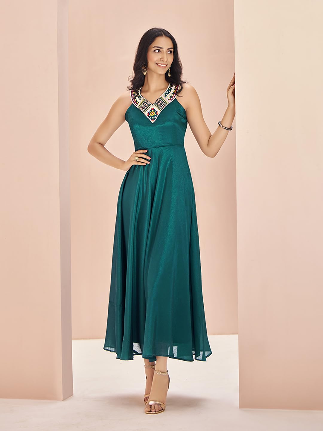 FUSIONIC Teal Silk Handworked Gown Dress