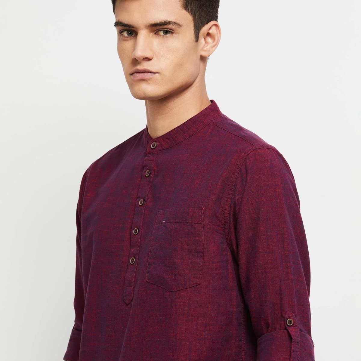 Max Men's Long Sleeves Regular Fit Solid Cotton Short Kurta with Band Collar (Maroon_L)