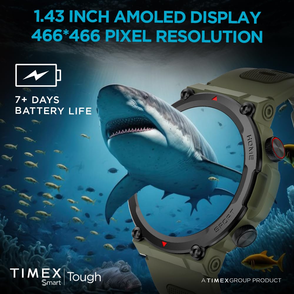 TIMEX Unisex-Adult Tough 1.43Round Amoled Rugged Smartwatch With 466X466 Pixel Resolution| Bluetooth Calling| Metallic Body|Always On Display|Ai Voice Assist|100+ Sports Modes|100+ Watchfaces