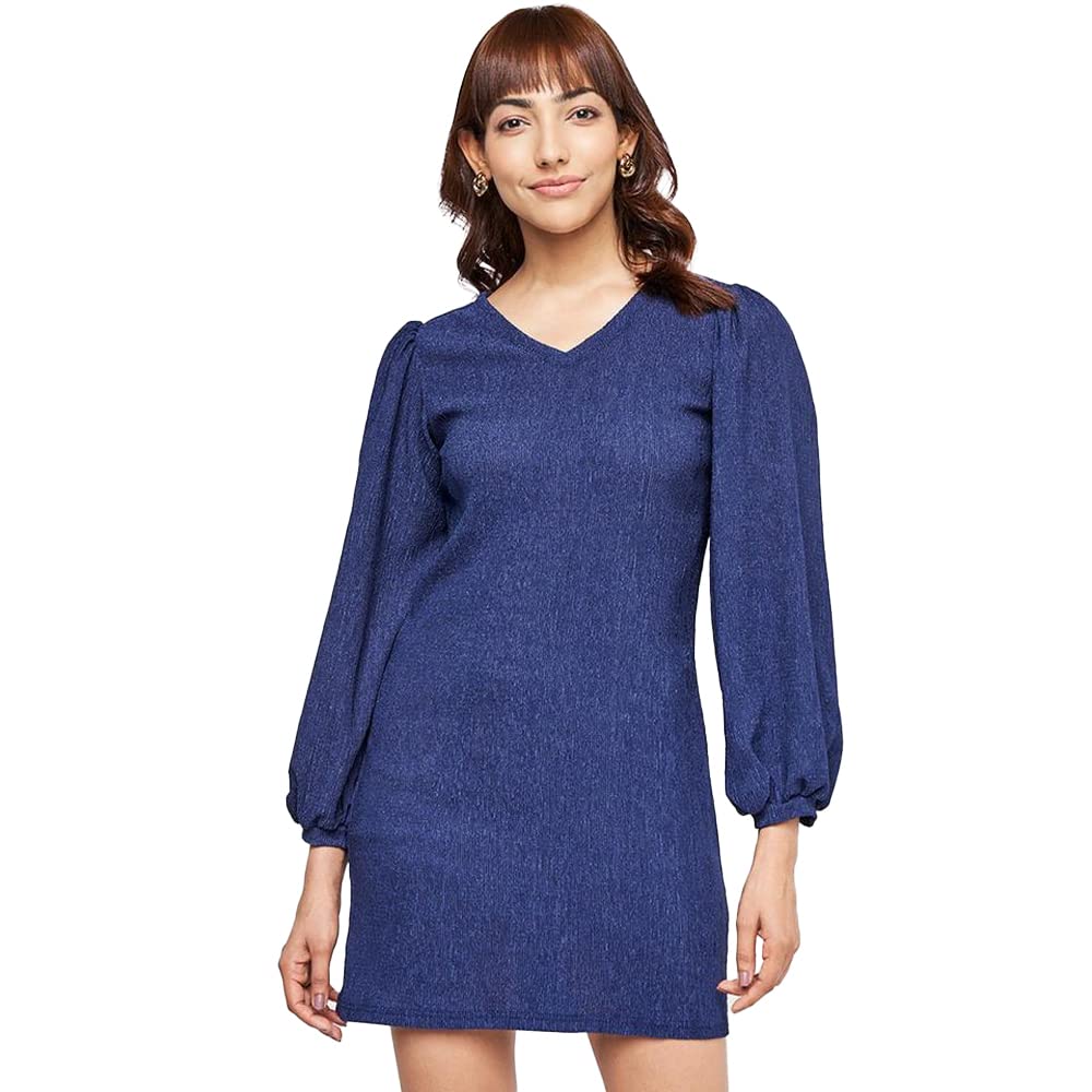 AND Women's Polyester Shift Knee Length Dress (FW22AB241DRPL2_Navy_L)