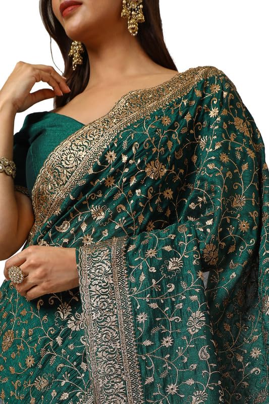 Soch Womens Green Tussar Embroidered Saree With Stone Work