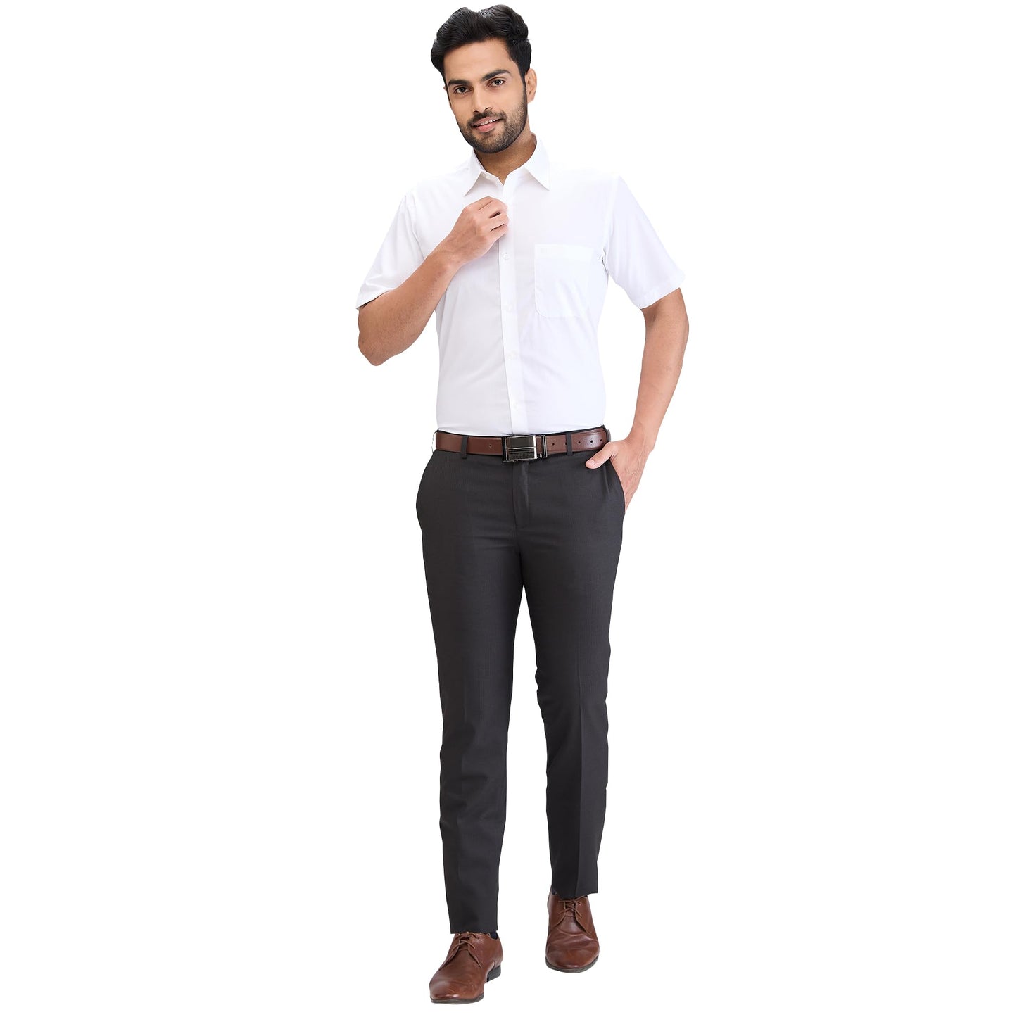 Raymond Men Slim Fit Stripe Pattern Polyester Blend Flat Front Formal Trouser (Size: 30)-RMTS05244-O8 Dark Brown