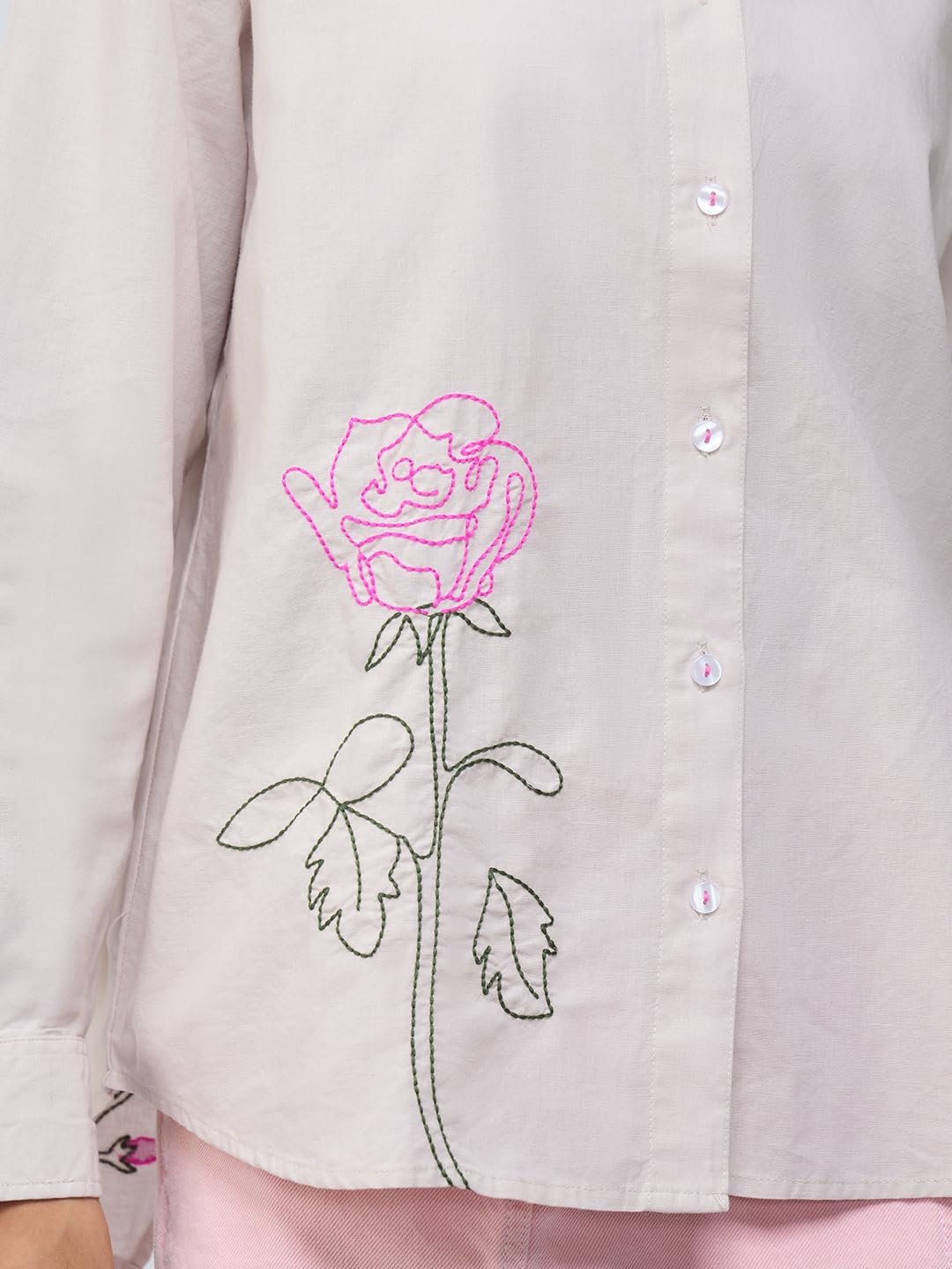 The Souled Store Cotton Linen Shirt: Roses Women and Girls Long Sleeves Collared Neck Button-Down Embroidered Oversized Fit Lightweight Comfortable Summer-Ready Boyfriend Shirt