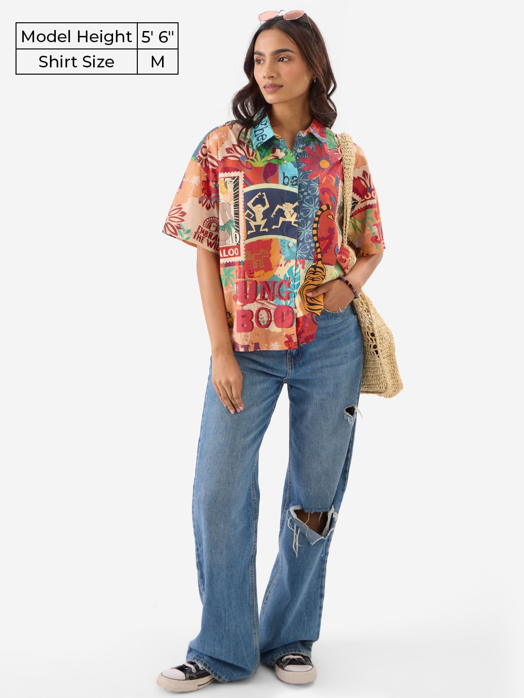 The Souled Store Official Jungle Book: Indie Vibe Women and Girls Short Sleeve Collared Neck Buttoned Front Oversized Fit Cotton Summer Shirts Multicolour