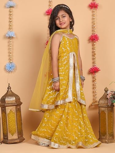 superminis Girls Georgette Sequins Embroidery Sleeveless Lehenga Choli with Net Dupatta Ethnic Wear Set (4-5 Years, Mustard)