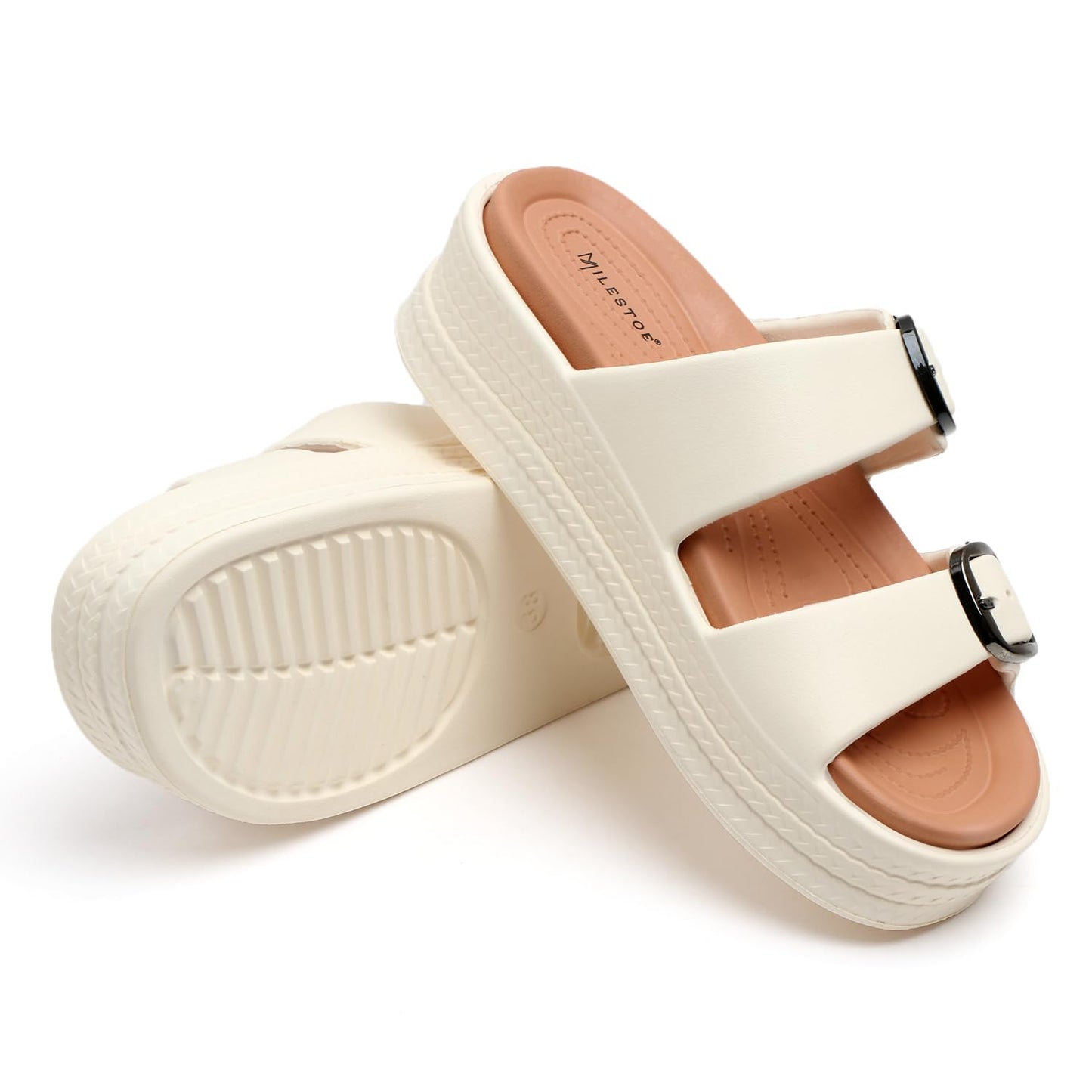 Essence Women Buckle Sandals with Super Soft Insole | Ergonomic Footbed | Lightweight | Platform Heel | Cushioned Sole | Suggested by Doctors I Latest, Stylish and Trendy Slip-Ons for Girls and Ladies