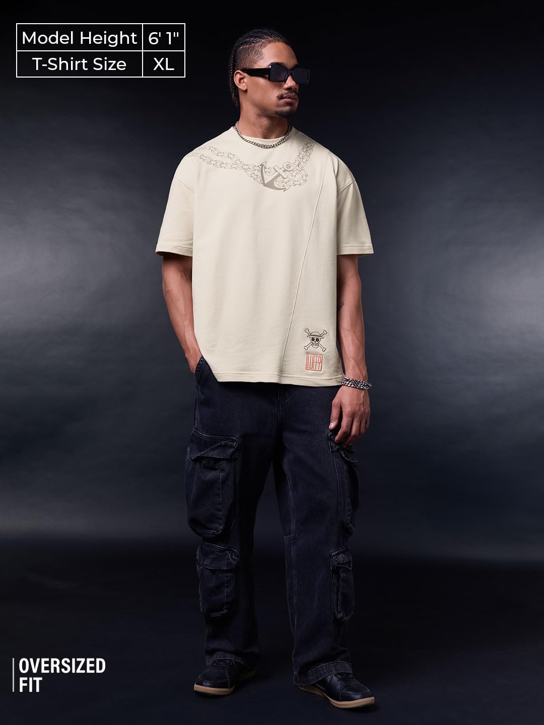 The Souled Store One Piece: Pirates Men and Boys Short Sleeves Round Neck Beige Graphic Printed Anime Casual Drop Shoulder Streetwear Lightweight Cotton Oversized T-Shirt