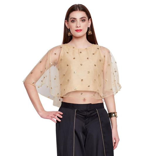 studio rasa Women's Girl Net Sequins Embroidered Cape Top for Wedding Party Festive (TPWC119112XXL_Beige_XX-Large)
