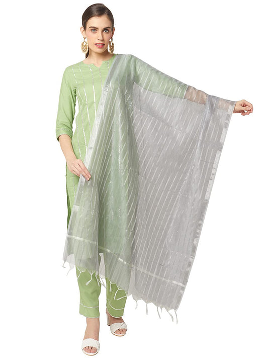 DUPATTA BAZAAR Women's Blended Grey Silk Dupatta With Silver Stripes - Free Size