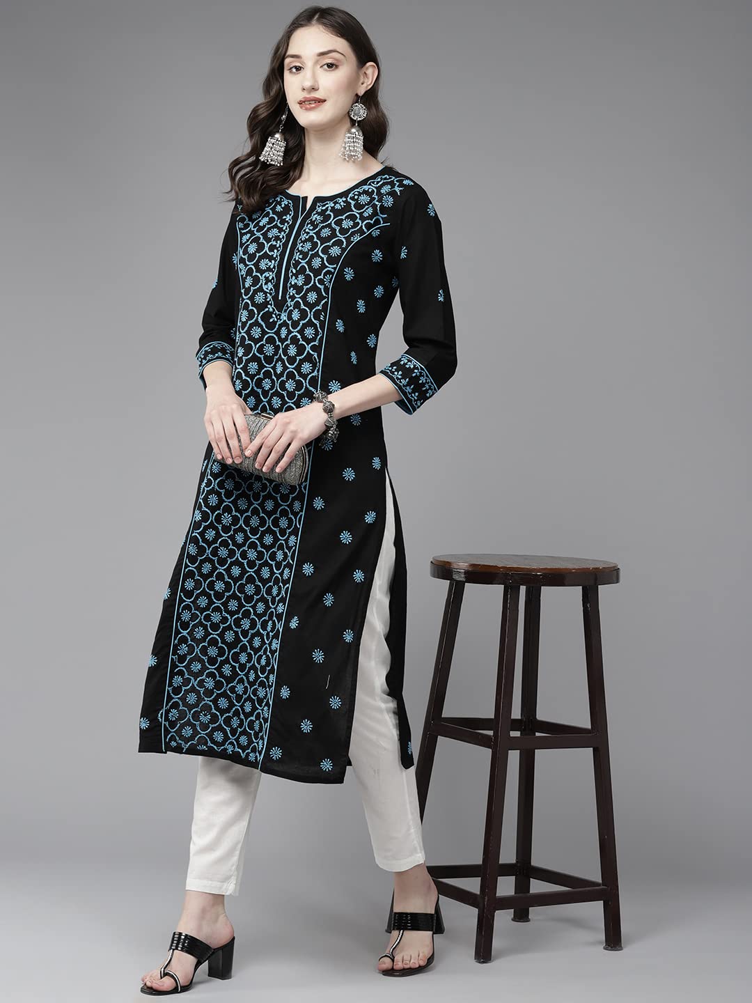 Ada Hand Embroidered Lucknowi Chikankari Straight Cotton Kurti Kurta for Women A411472 Black (5XL)