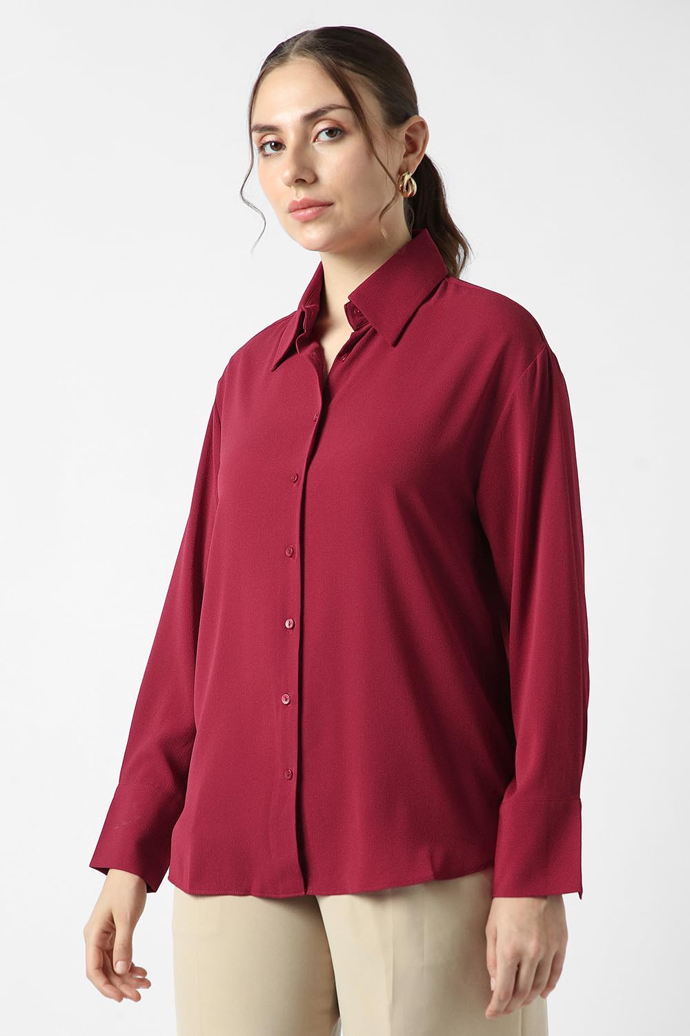 Women Red Solid Long Sleeves Casual Shirt