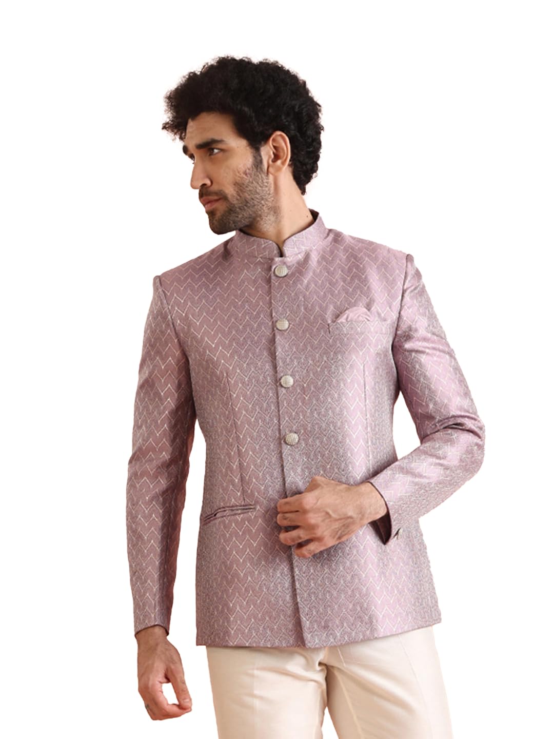 KISAH Men’s Bandhgala & Trouser Set – Textured Silk Blend Jacquard Ethnic Suit for Men – Regular Fit Wedding & Festivals – Dry Clean Only, Lilac, 40