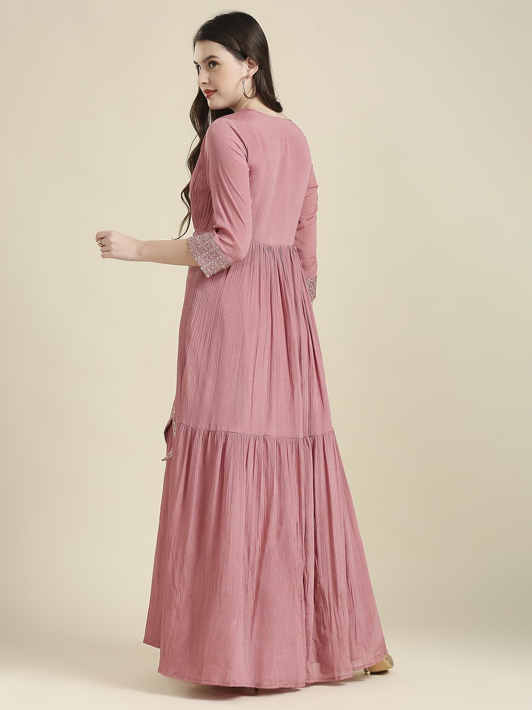 madhuram textiles Women's Chinon Chiffon Traditional Ethnic Long Western Straight, Ankle Length Dress With Embroidery Work Long Kurta(M-2361, In, Alpha, M, Regular, Pink)