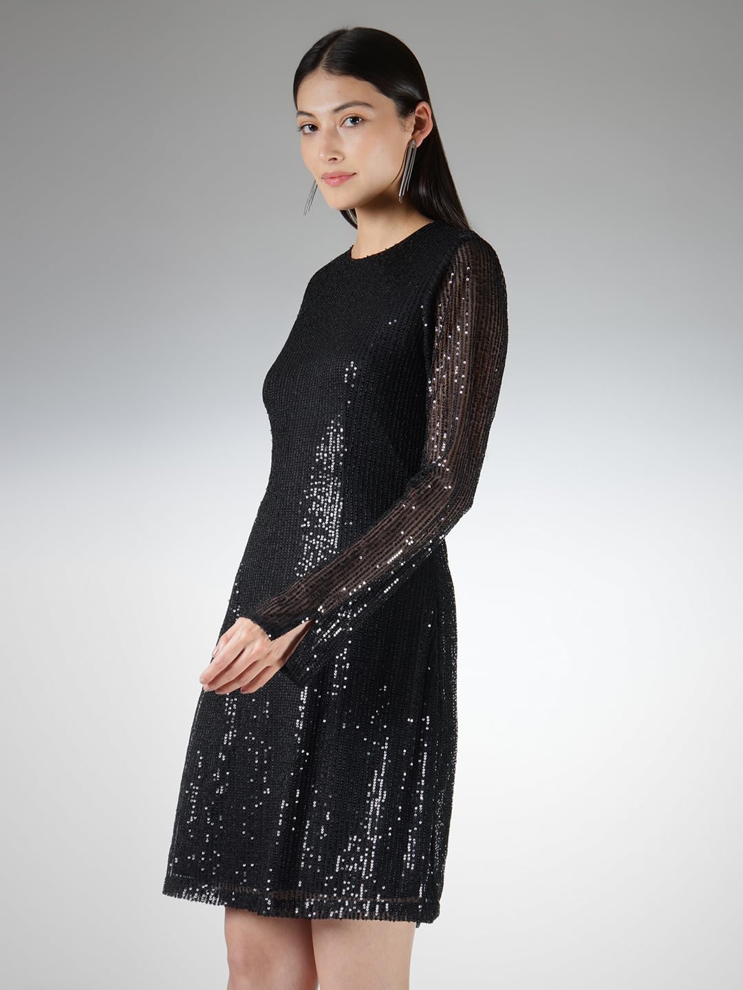 FableStreet Women Party Dress | Slim Fit A-Line Above Knee Length | Sequined Fabric, Round Neck, Full Sleeves with Slits | Perfect for Evening & Cocktail Occasions | Black