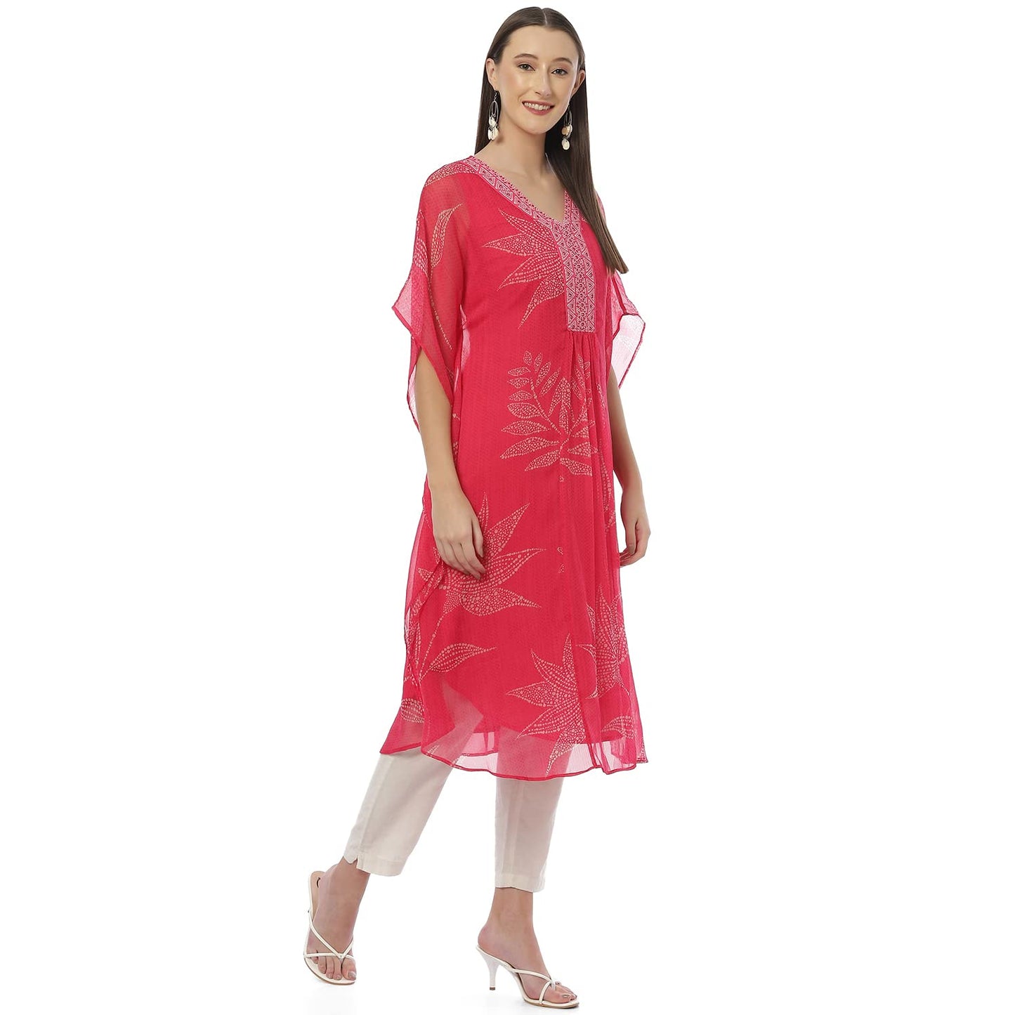 BIBA Women's Pink Cotton Blend Straight Printed Fusion Wear