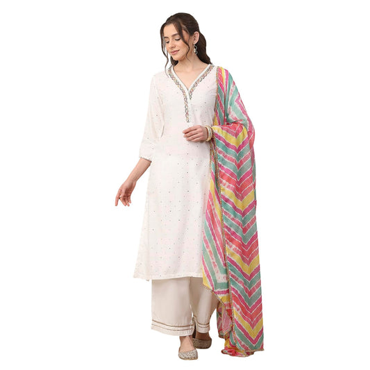 Biba Women White Viscose Rayon Straight Suit Set_42