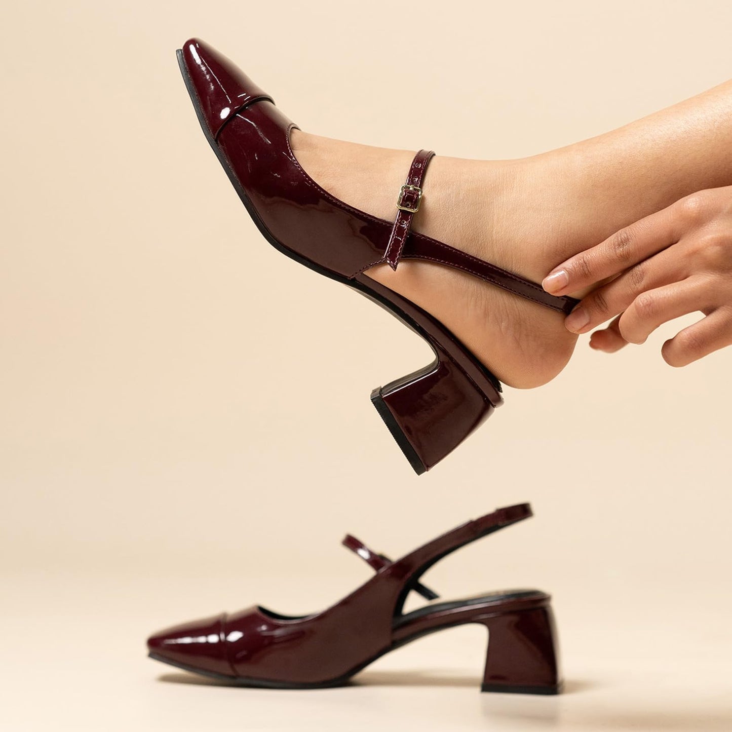 Theater Women Twiggy Cherry Red Mary Jane Heels | Square Toe Slingback Block Heel Sandals with Adjustable Strap | Comfortable & Stylish Shoes for Office, Party and Casual Wear