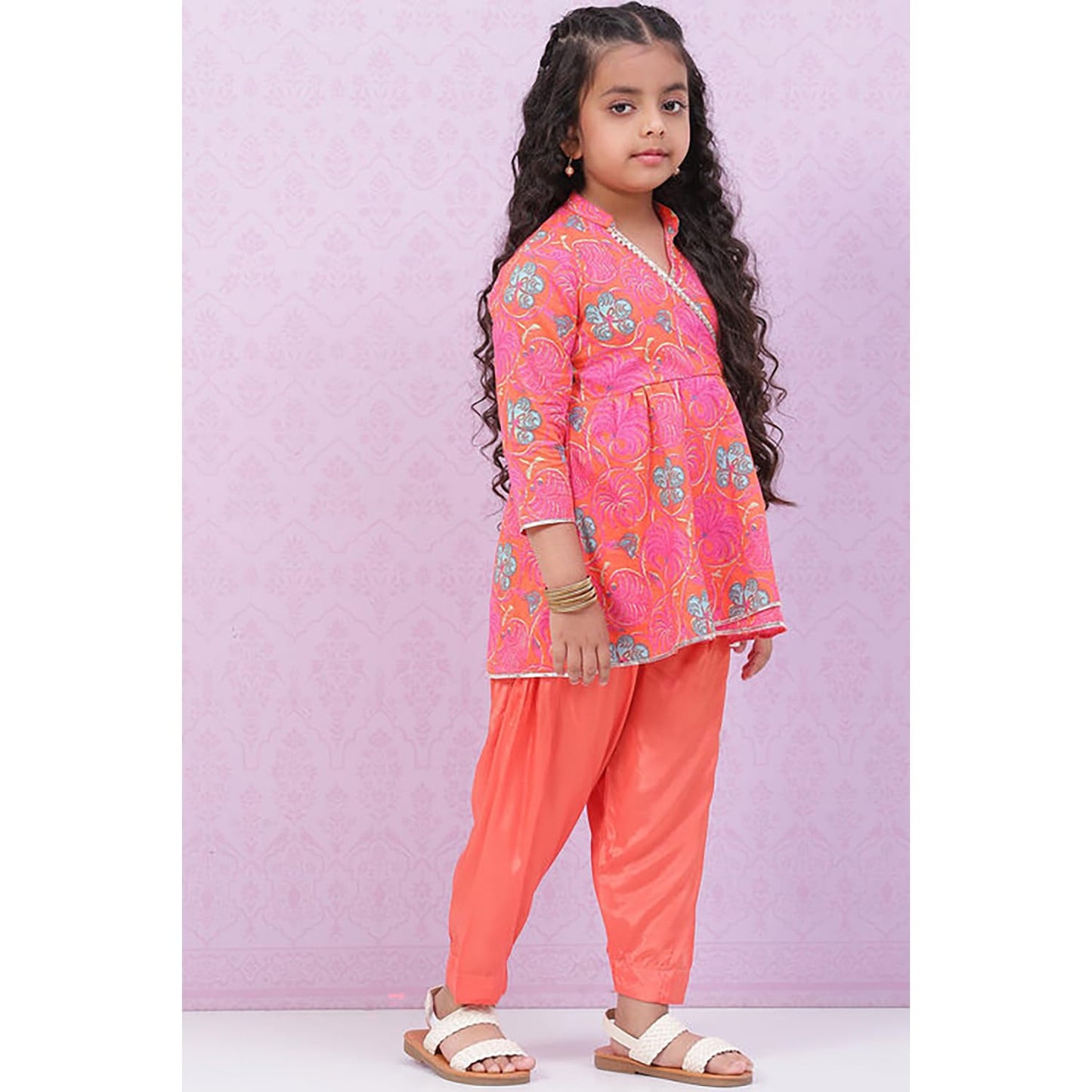 BIBA Girls Cotton Flared Printed Suit Set(KW5045E_15_Orange)